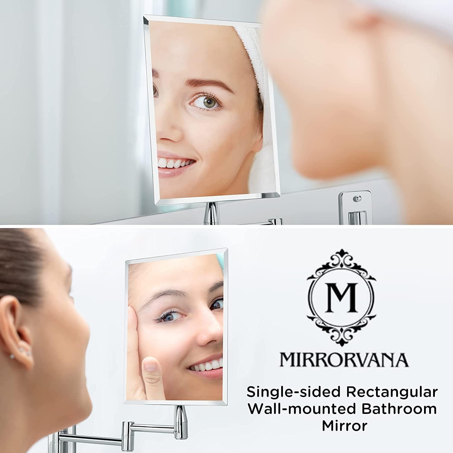 Frameless Rectangular Wall Mount Mirror with 11" Extendable Arm, No Magnification