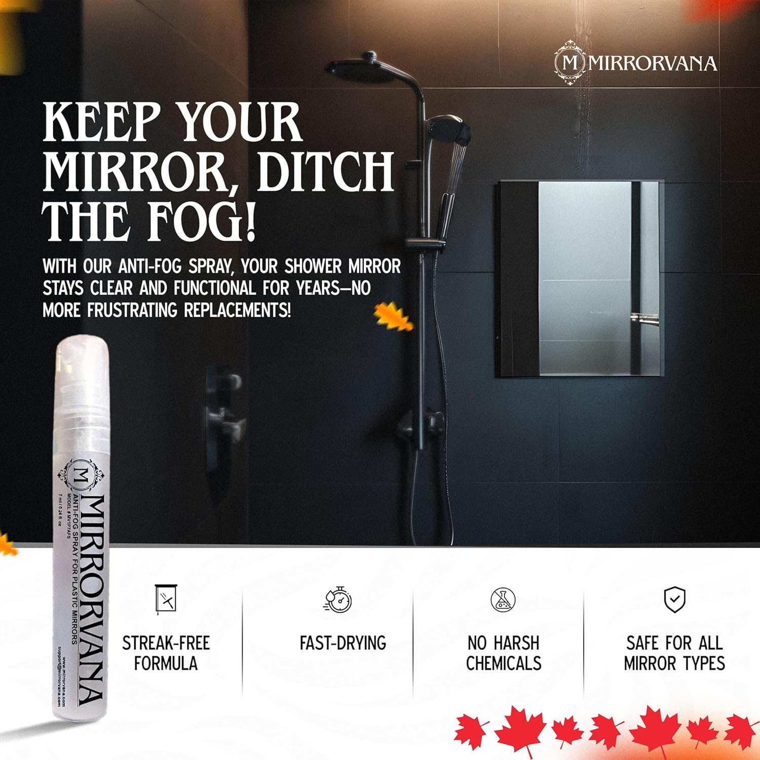 MIRRORVANA Anti Fog Spray for Shower Mirror (1 Bottle) - Maintains Fog Free Bathroom Shaving Mirrors for Men and Women - Long-Lasting Protection from Fogging for a Crystal Clear Reflection (7 ml)