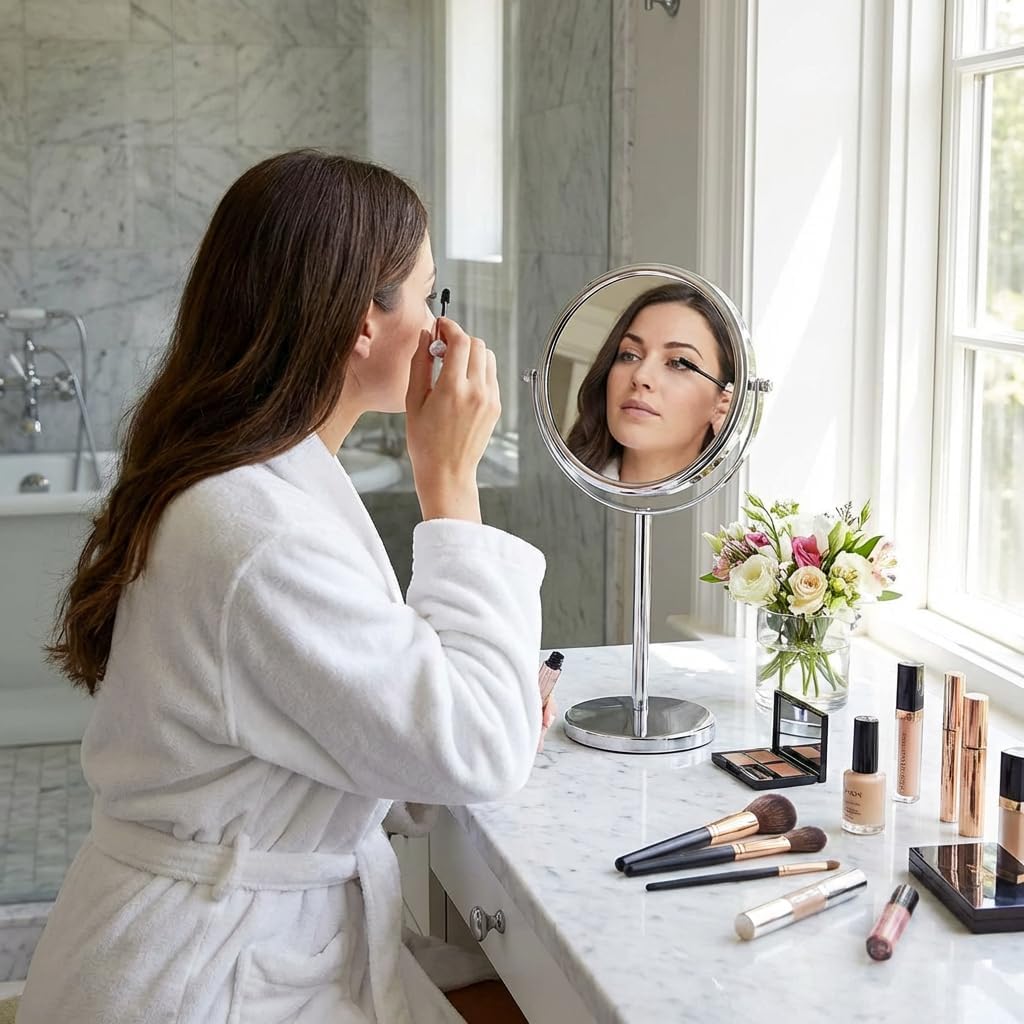 Double-Sided 10X/1X Tabletop Makeup Mirror in Gift Box, 7" Wide (Chrome)