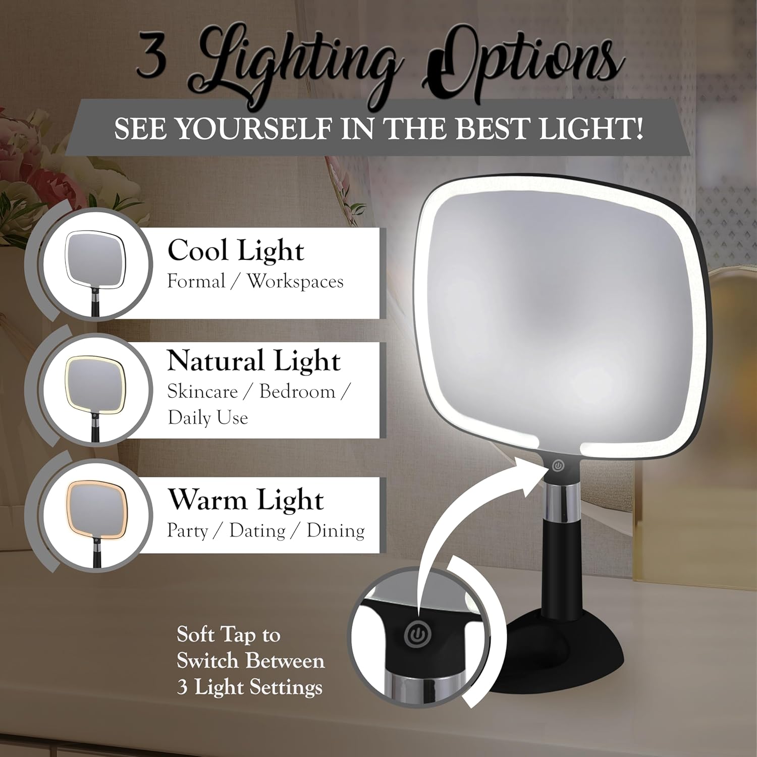 Lighted Travel Hand Mirror with Detachable Stand (Black) - MVHH79A1XLED - 16 Units Per Carton