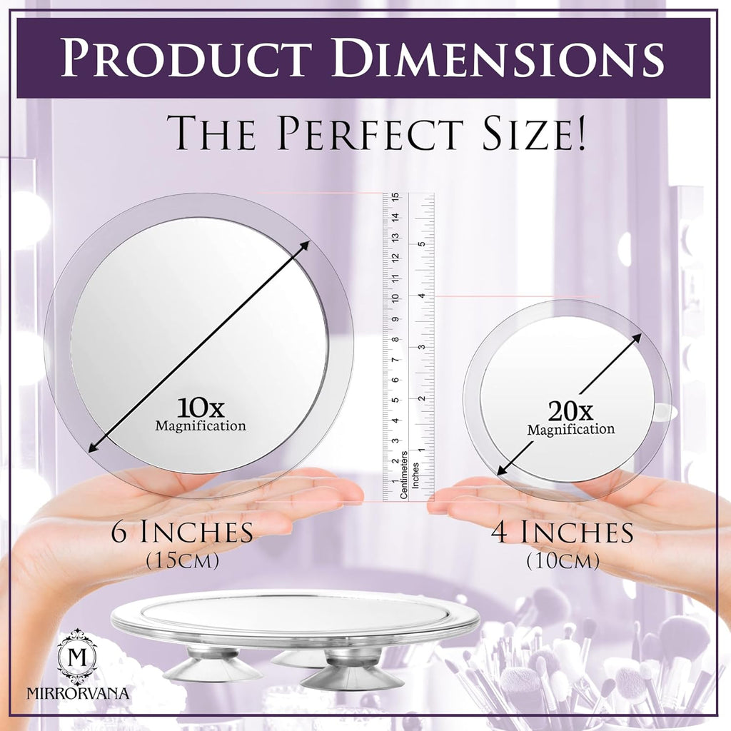 20X & 10X Magnifying Mirror Set, 3 Suction Cups Each, 6" & 4"