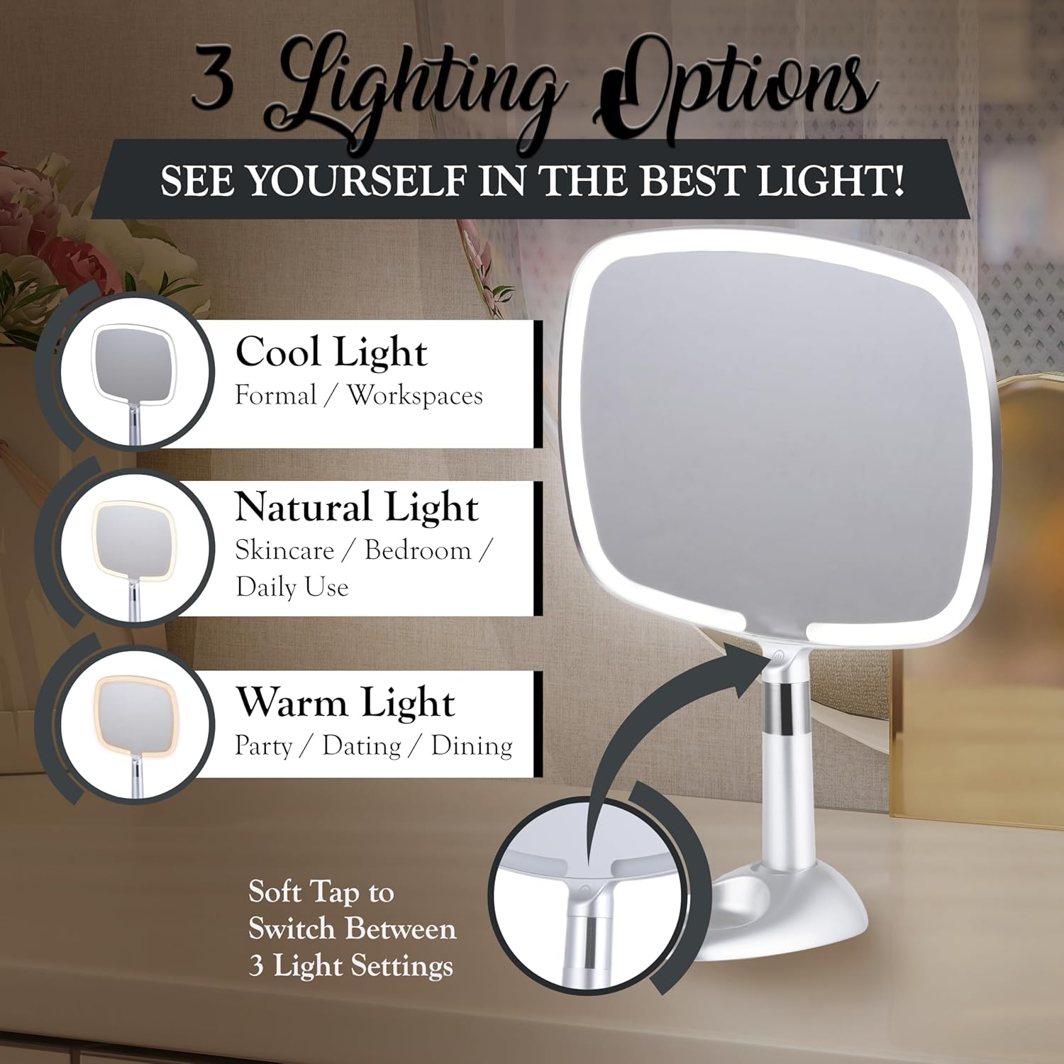 Lighted Travel Hand Mirror with Detachable Stand (Silver)