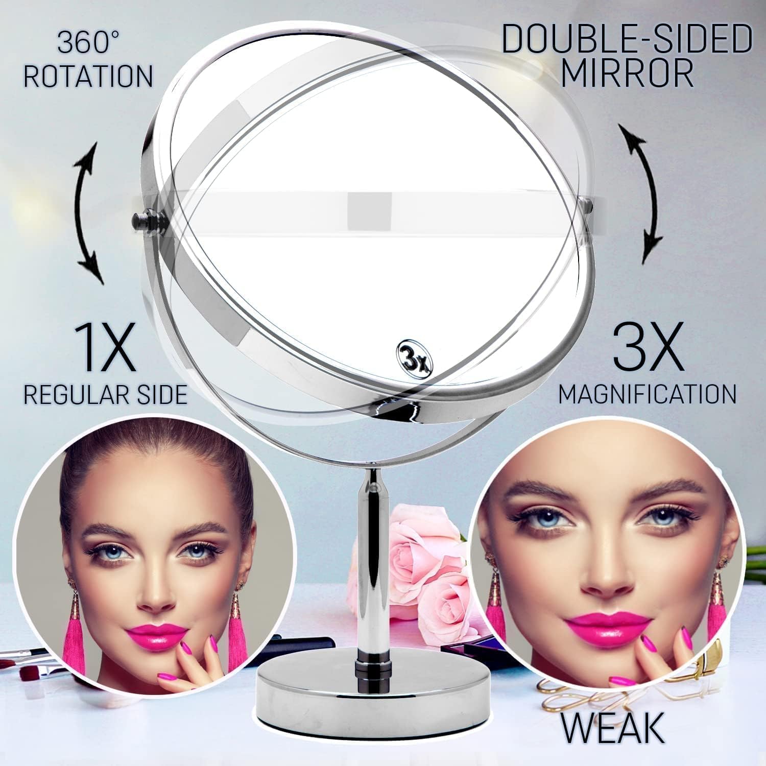 XXLarge Oversized 11-Inch Tabletop Makeup Mirror with 3X/1X Magnification (Chrome)