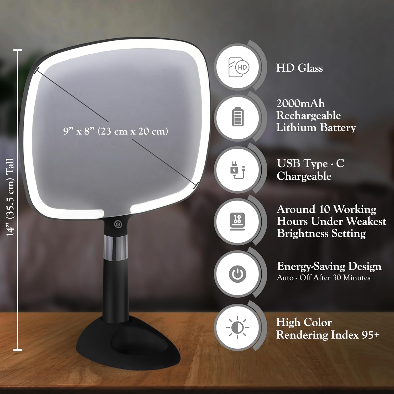 Lighted Travel Hand Mirror with Detachable Stand (Black) - MVHH79A1XLED - 16 Units Per Carton