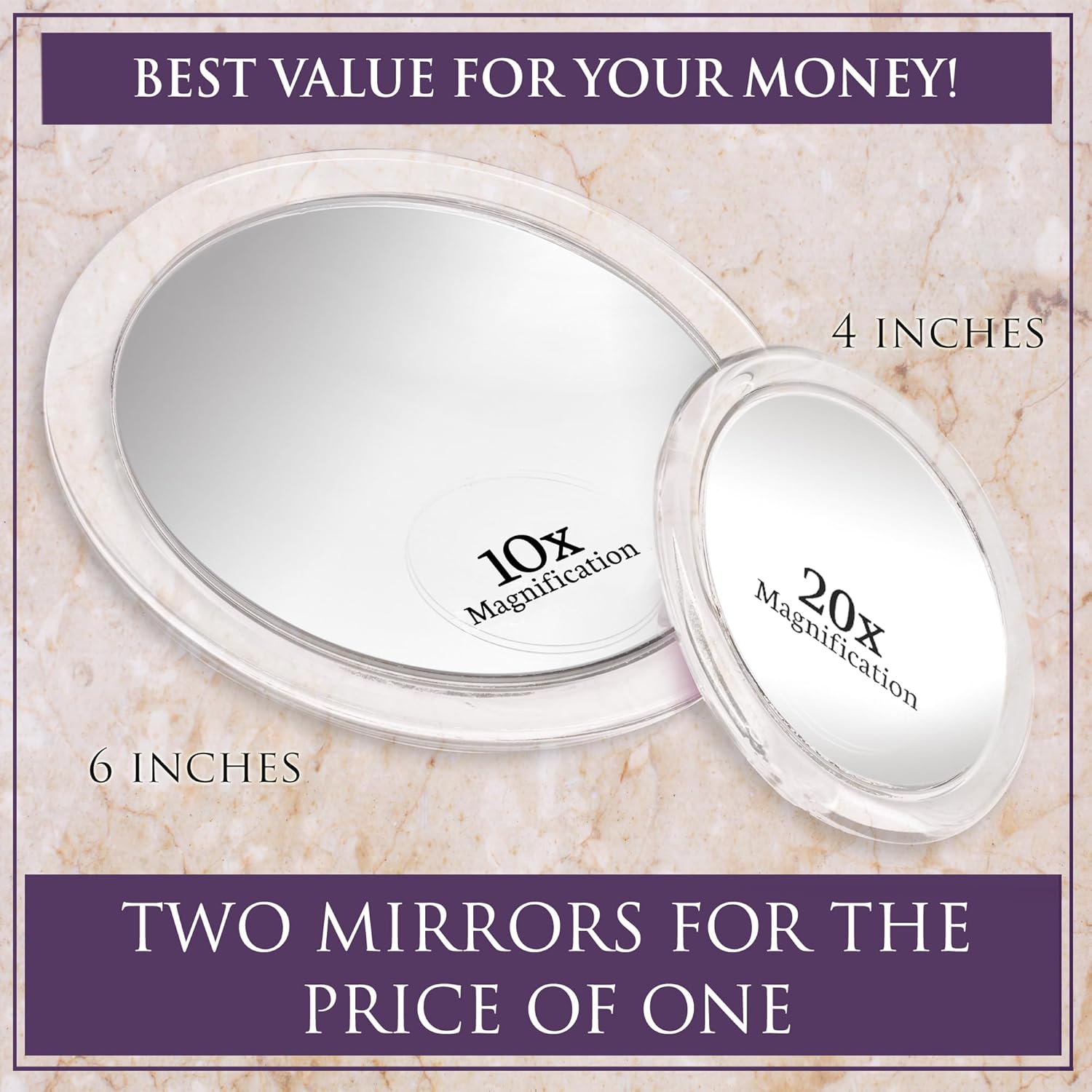 20X & 10X Magnifying Mirror Set, 3 Suction Cups Each, 6" & 4"