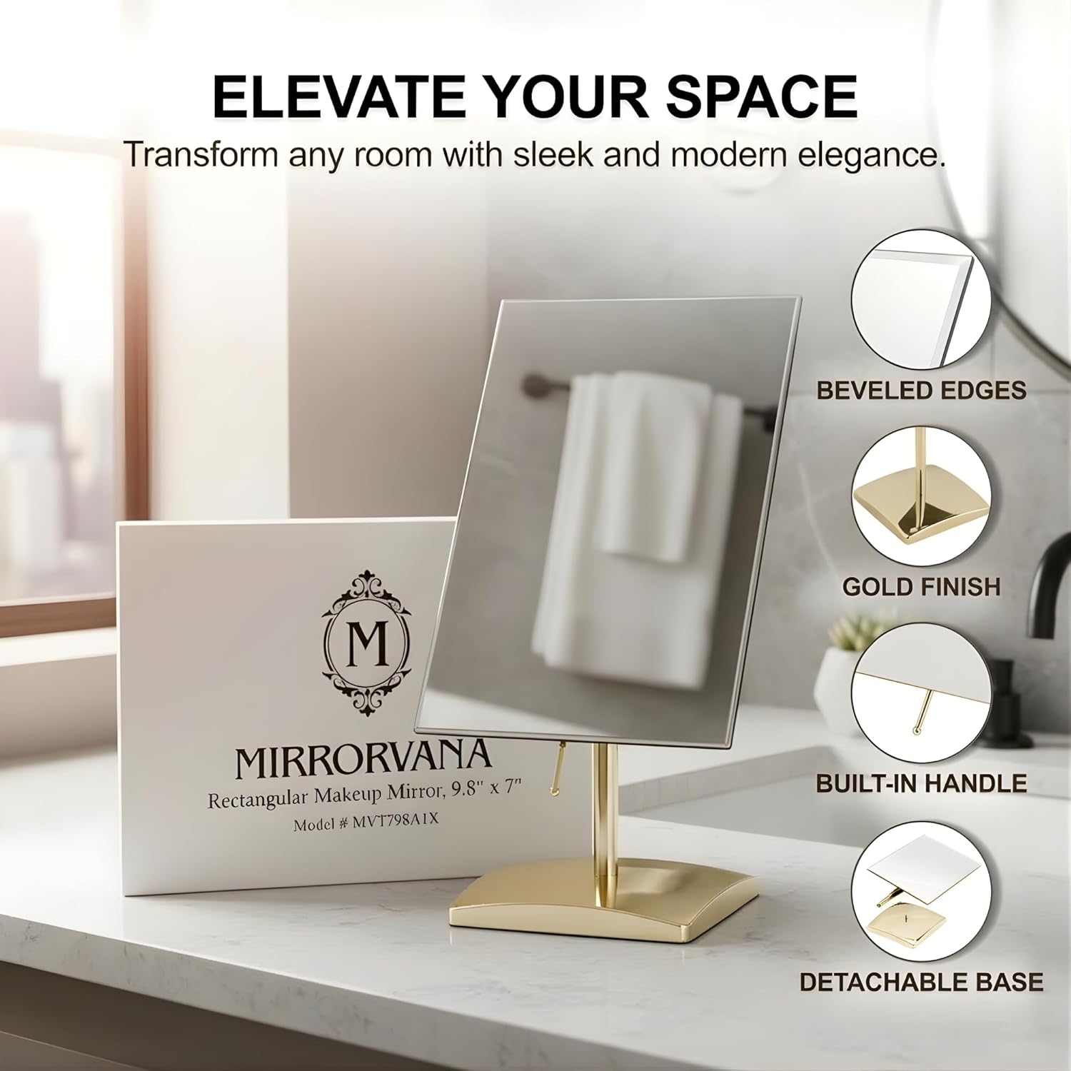 MIRRORVANA Large Free Standing Mirror for Bathroom Countertop, Dressing Table and Vanity Set - 9.8" x 7" (Gold)
