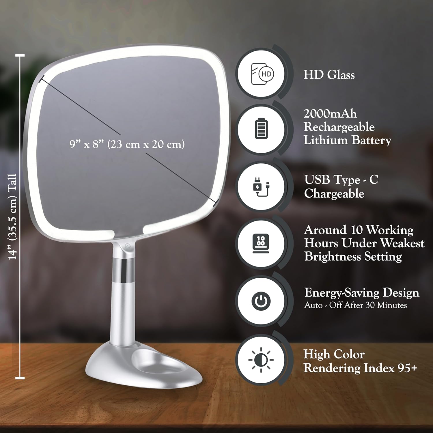 Lighted Travel Hand Mirror with Detachable Stand (Silver) - MVHH79SS1XLED - 16 Units Per Carton