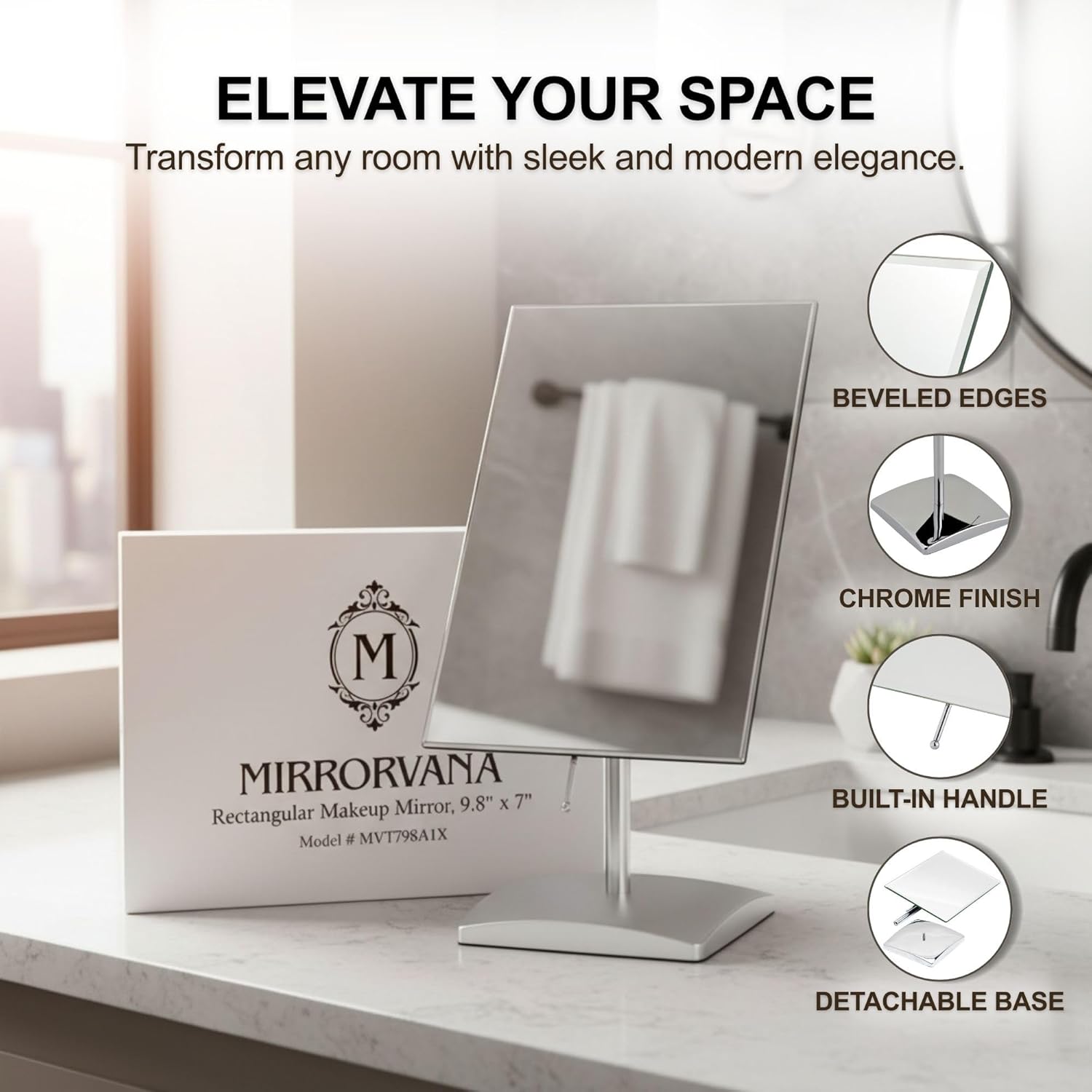 Large Tabletop Face Mirror in Gift Box, Non-magnifying (Chrome)