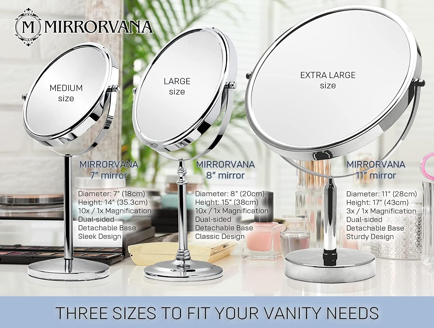 XXLarge Oversized 11-Inch Tabletop Makeup Mirror with 3X/1X Magnification (Chrome)