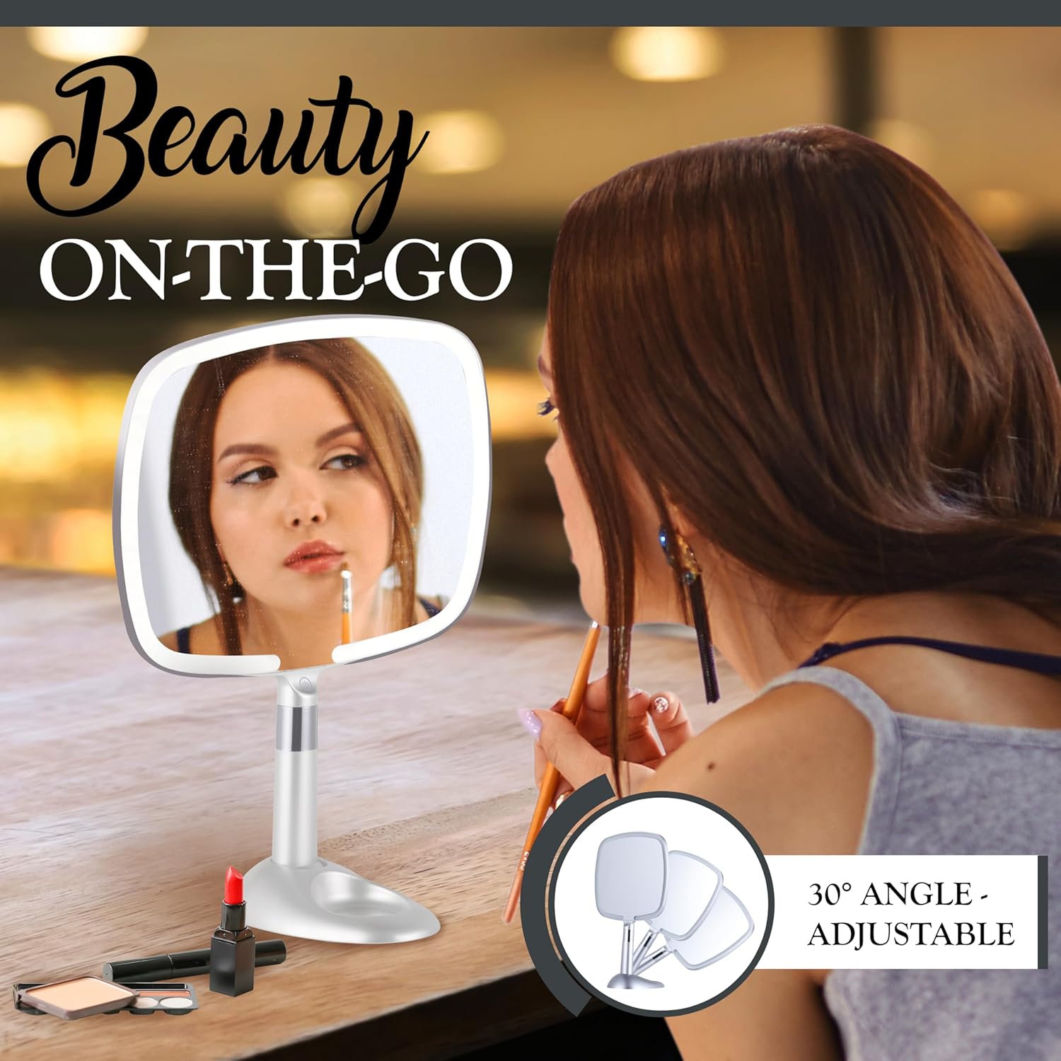 Lighted Travel Hand Mirror with Detachable Stand (Silver)