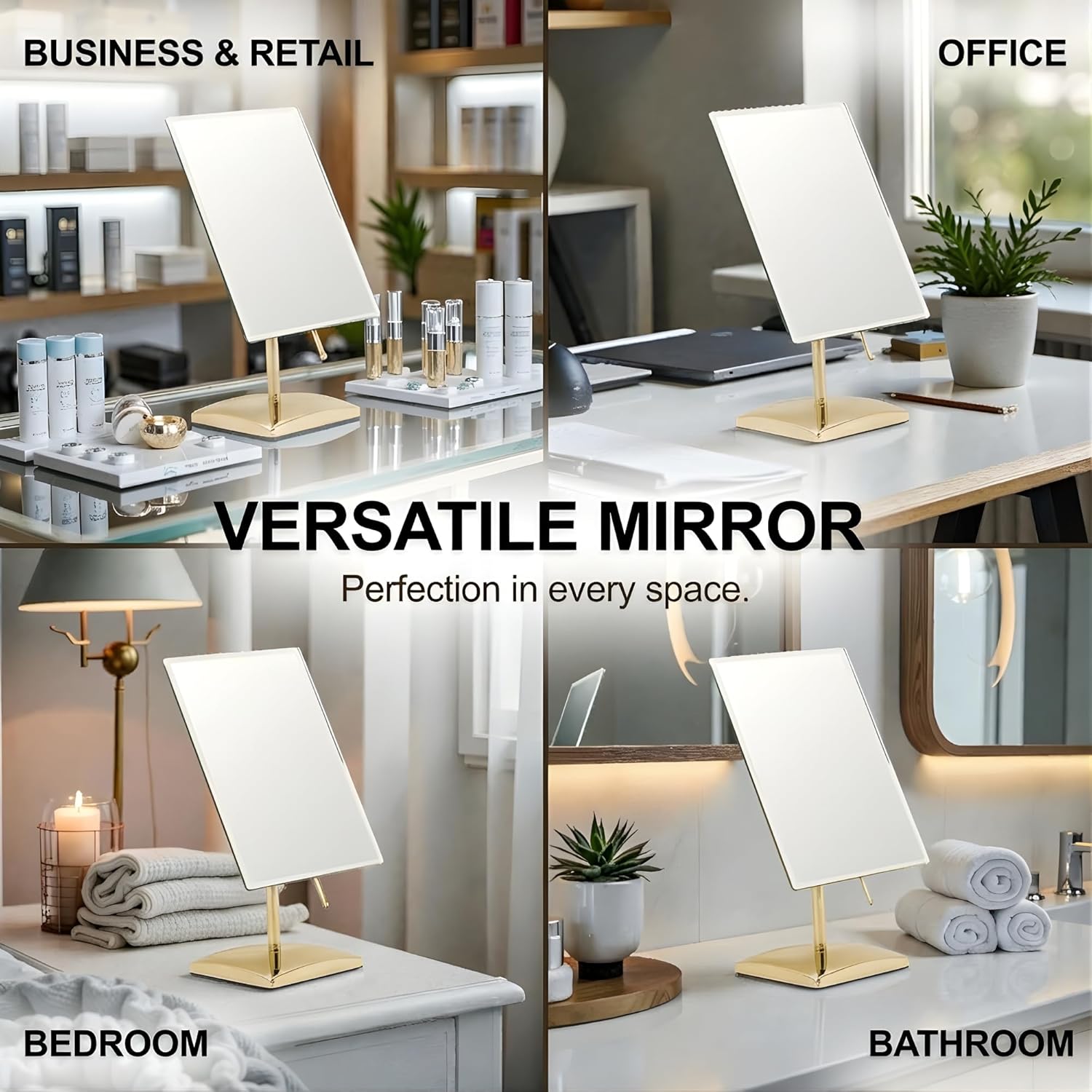 MIRRORVANA Large Free Standing Mirror for Bathroom Countertop, Dressing Table and Vanity Set - 9.8" x 7" (Gold)
