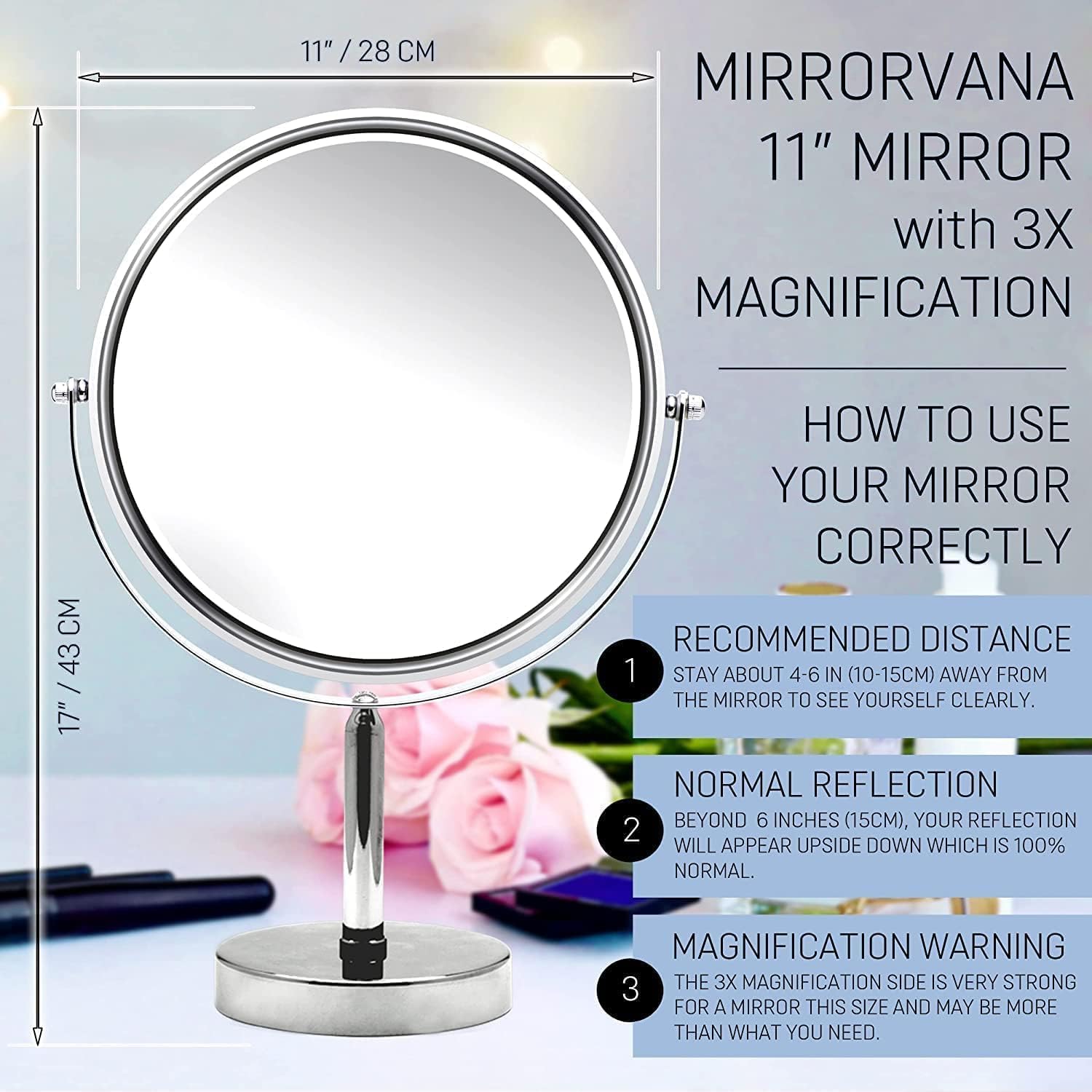 XXLarge Oversized 11-Inch Tabletop Makeup Mirror with 3X/1X Magnification (Chrome)