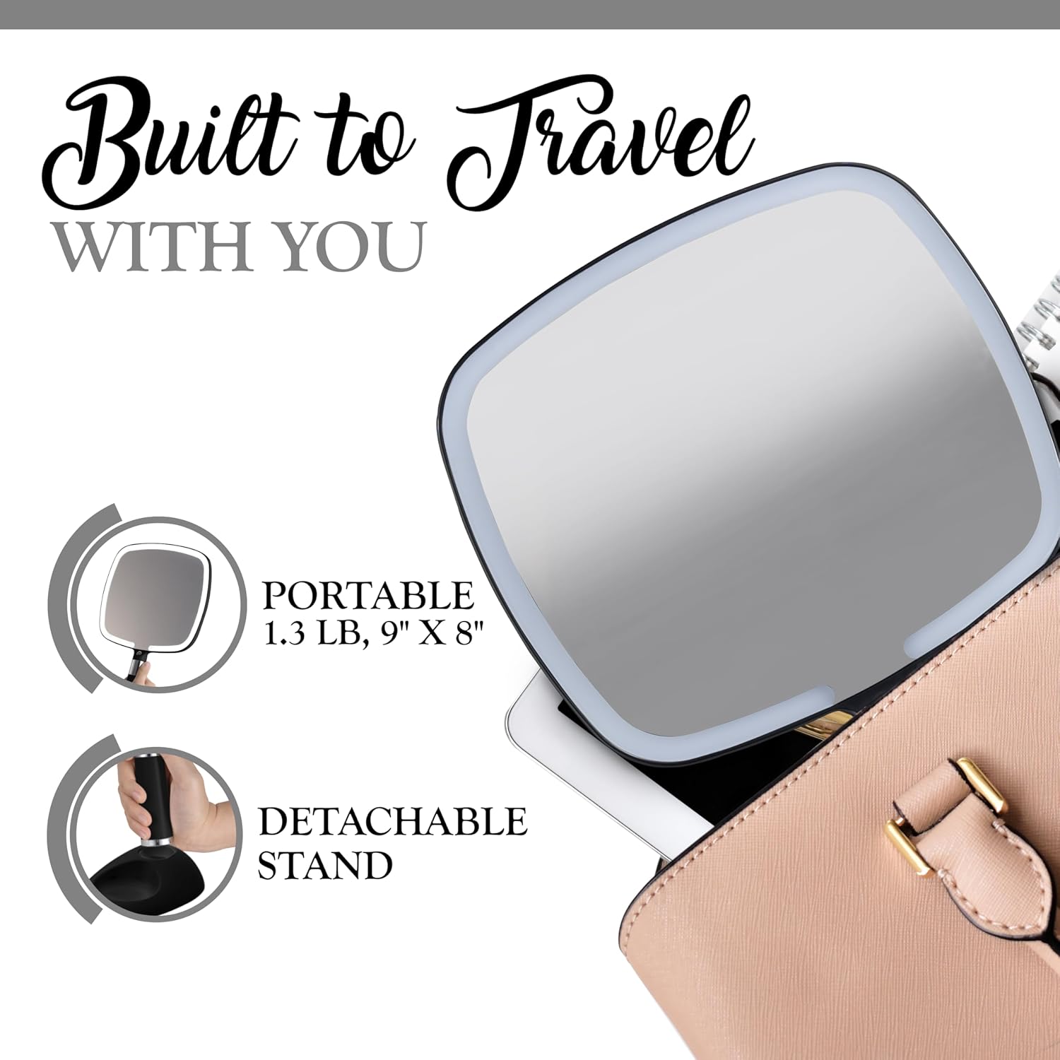 Lighted Travel Hand Mirror with Detachable Stand (Black) - MVHH79A1XLED - 16 Units Per Carton