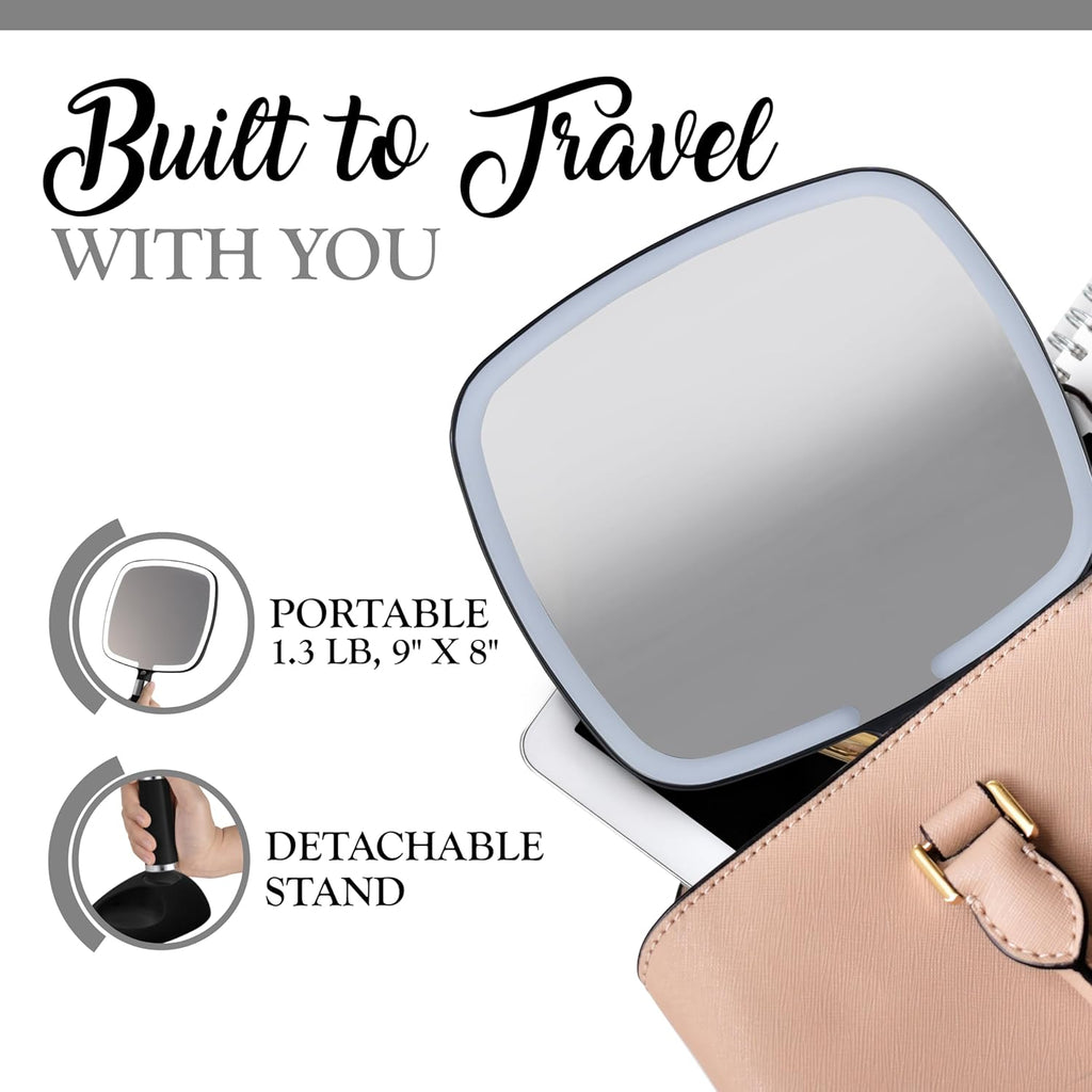 Lighted Travel Hand Mirror with Detachable Stand (Black) - MVHH79A1XLED - Case Pack of 16