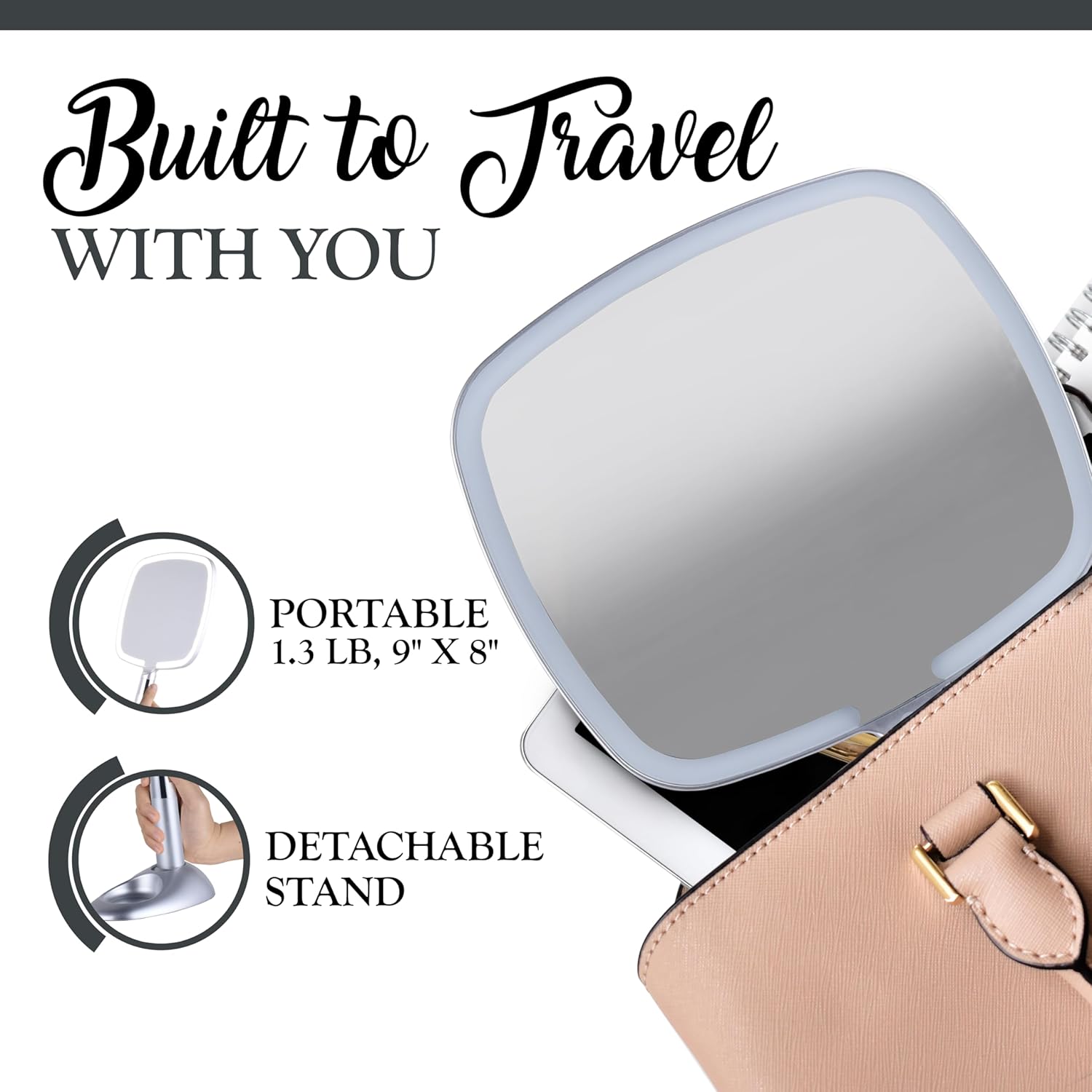 Lighted Travel Hand Mirror with Detachable Stand (Silver)