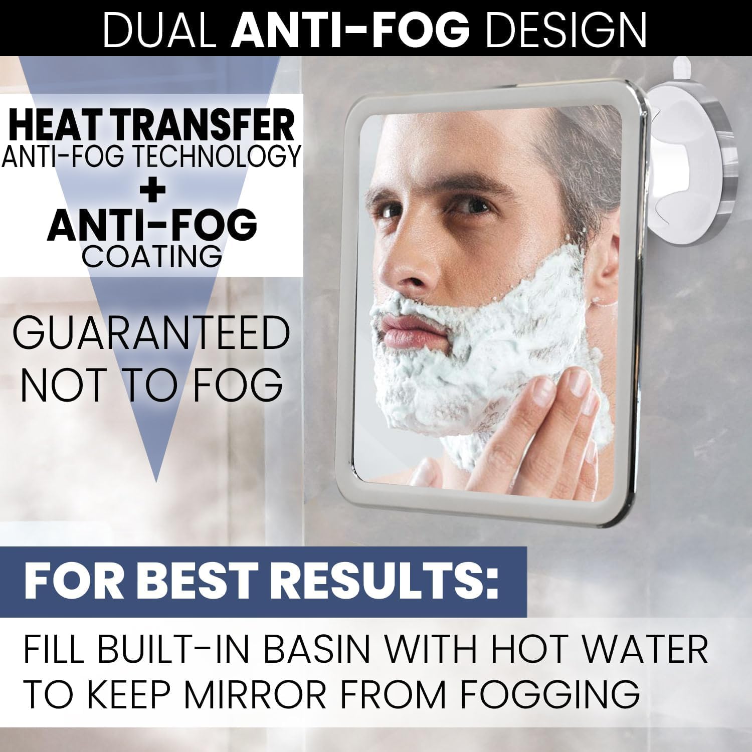 Fogless Shower Mirror with Dual Anti-Fog System and Suction Mount (Chrome)