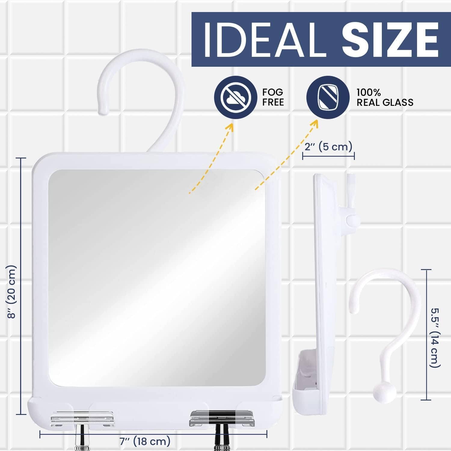 Hangable Fogless Shower Mirror with Real Glass Surface and Razor Holder (White)