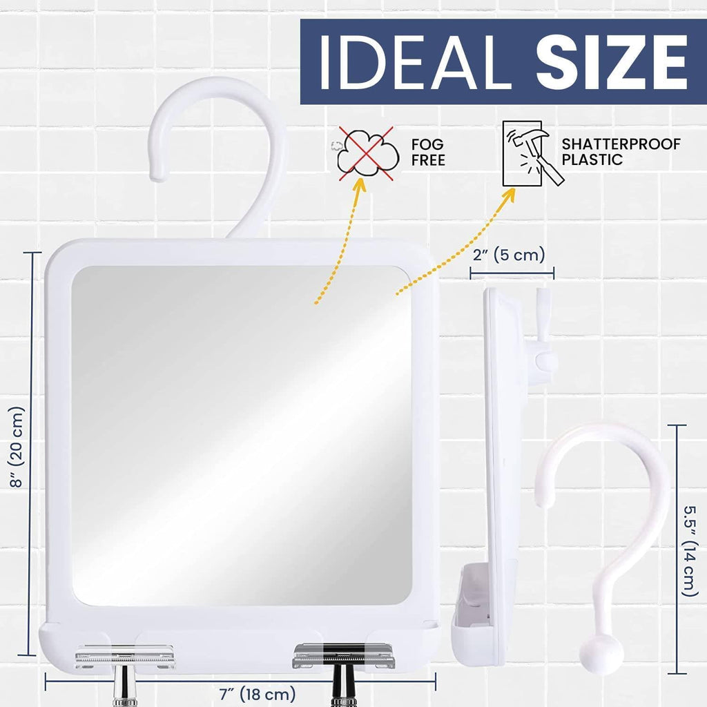 MIRRORVANA Dual Anti Fog Shower Mirror for Shaving, Shatterproof Fogless Design with Hook for Hanging - Fill Back Chamber/Reservoir with Hot Water for Fog-Free Shave - 8" x 7" (White)