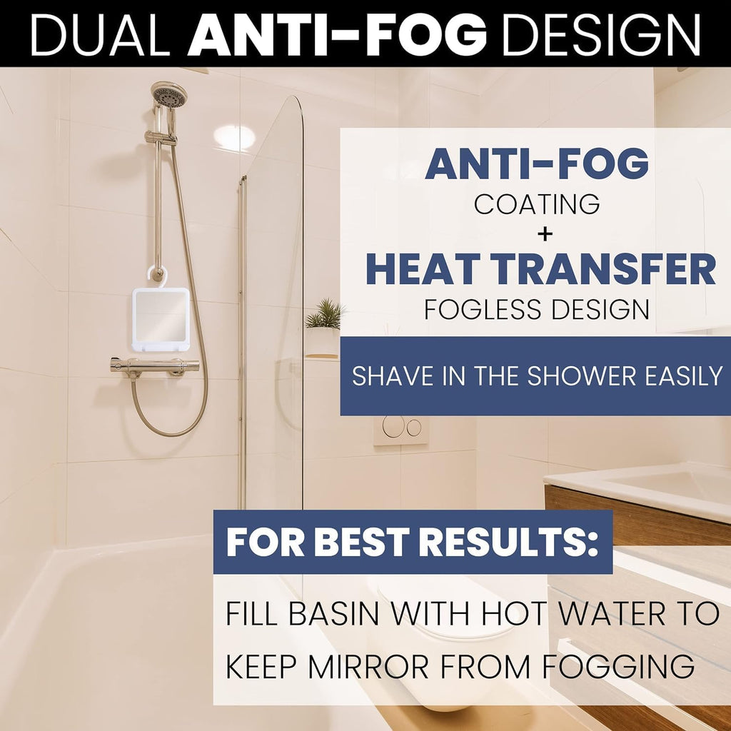MIRRORVANA Dual Anti Fog Shower Mirror for Shaving, Shatterproof Fogless Design with Hook for Hanging - Fill Back Chamber/Reservoir with Hot Water for Fog-Free Shave - 8" x 7" (White)