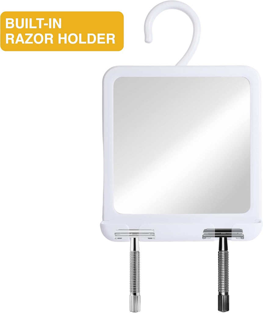 MIRRORVANA Dual Anti Fog Shower Mirror for Shaving, Shatterproof Fogless Design with Hook for Hanging - Fill Back Chamber/Reservoir with Hot Water for Fog-Free Shave - 8" x 7" (White)