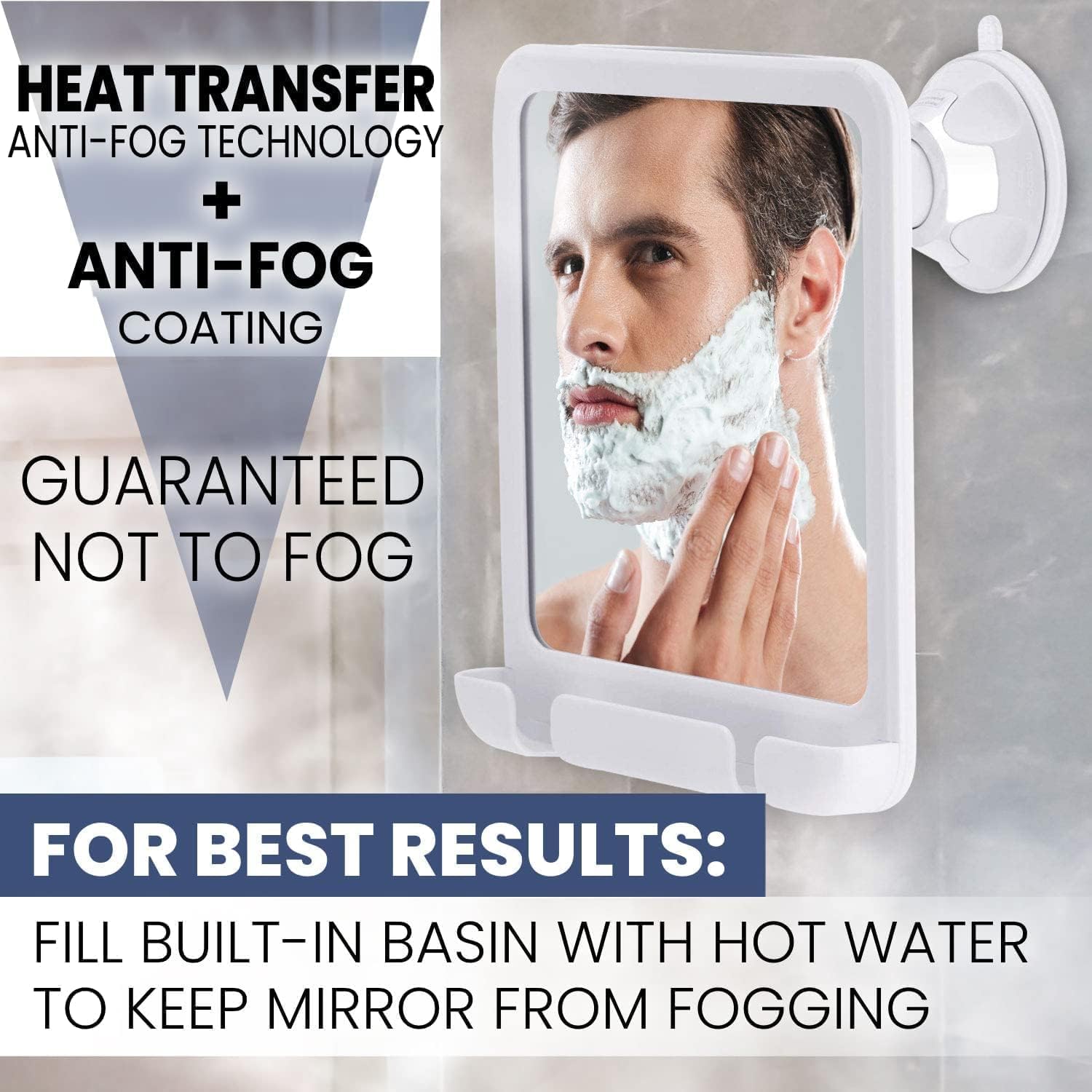 Fogless Shower Mirror with Dual Anti-Fog System, Suction Mount, and Razor Holder (White)