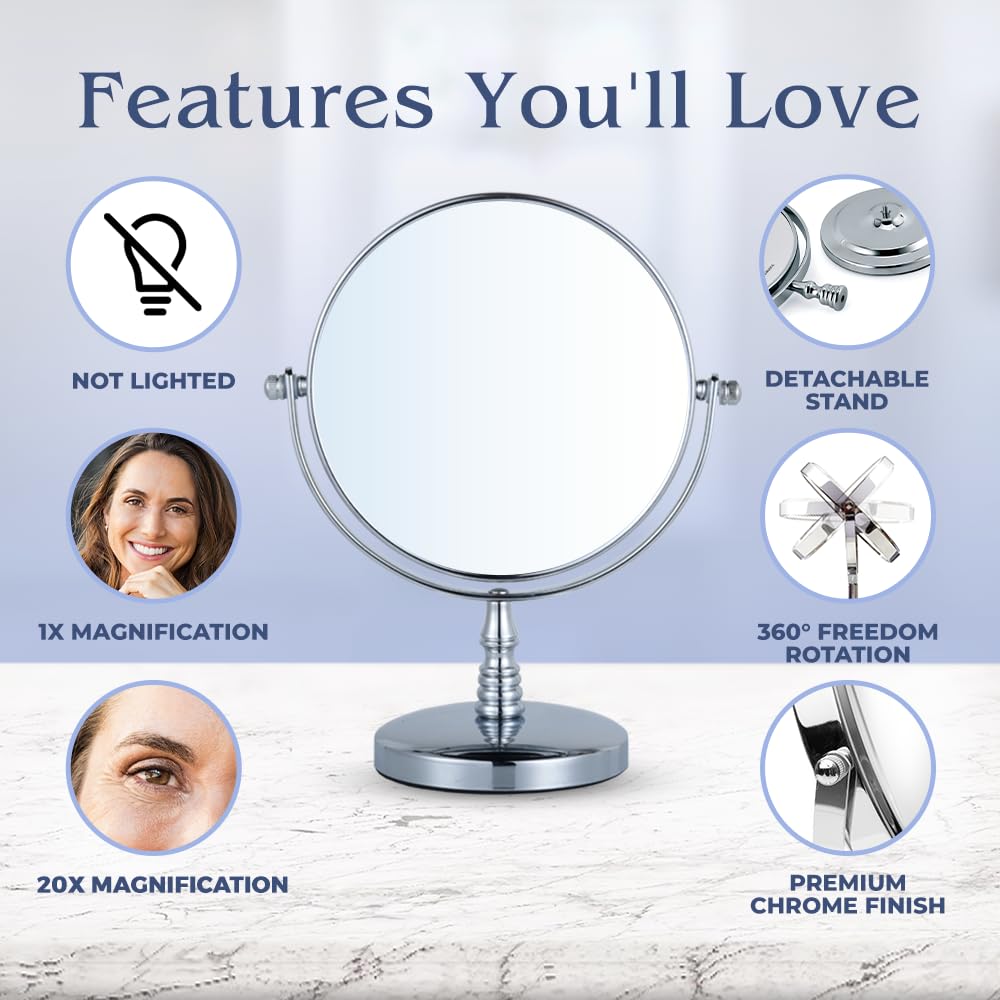 20X Magnifying Makeup Mirror for Desk and Countertop - 20x/1x Double Sided Make Up Vanity Mirror with Stand - 6" Wide & 9" Tall (Chrome)