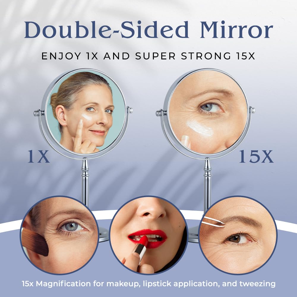 15X/1X Magnifying Tabletop Mirror, 6" Wide and 15" Tall (Chrome)