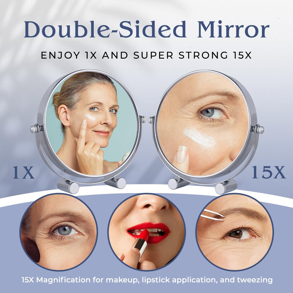 Small 15X/1X Magnifying Tabletop Mirror, 6" Wide and 6.7" Tall (Chrome)