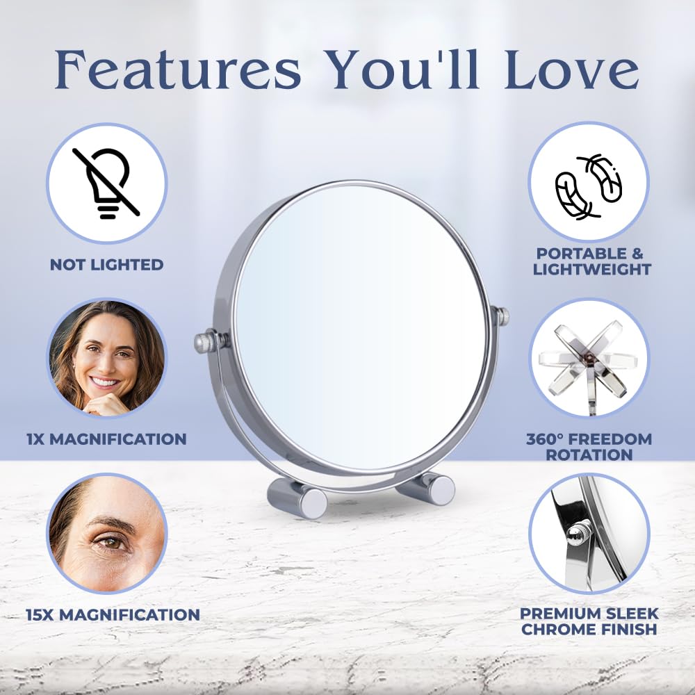 Small 15X/1X Magnifying Tabletop Mirror, 6" Wide and 6.7" Tall (Chrome)