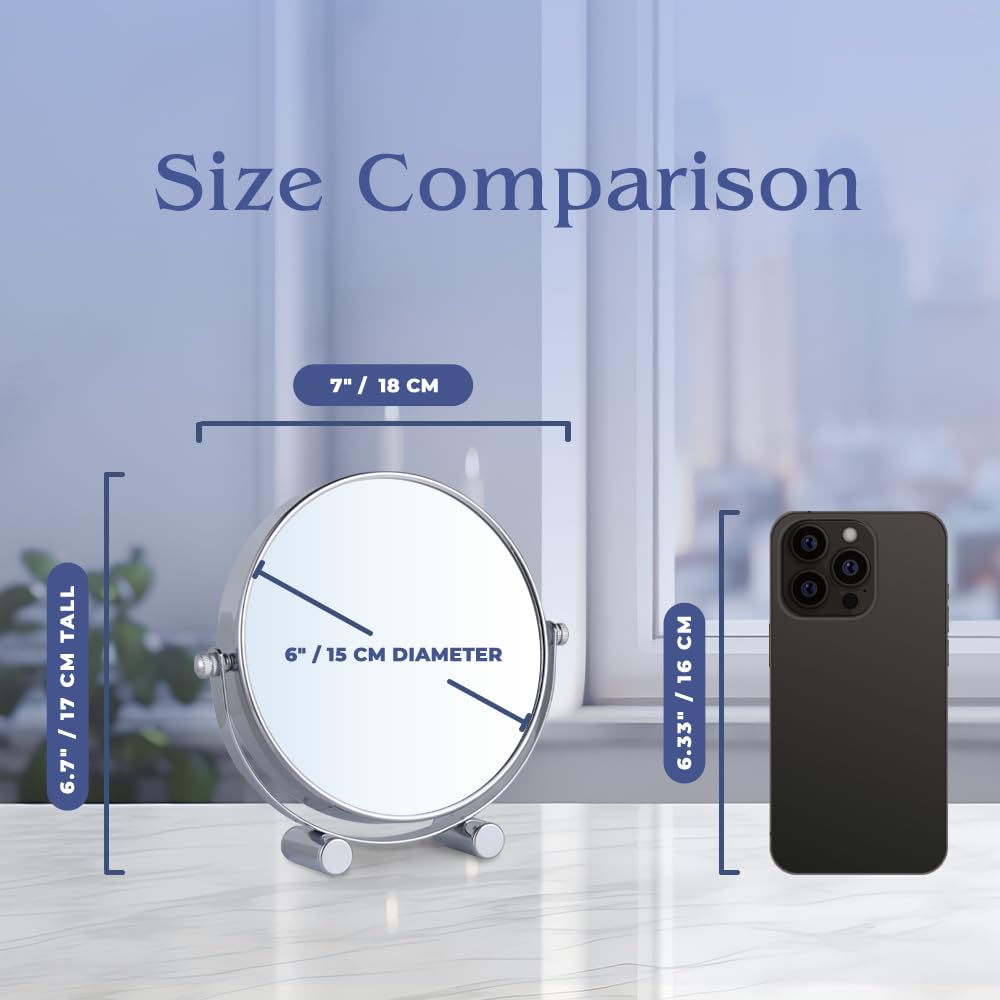 Small 15X/1X Magnifying Tabletop Mirror, 6" Wide and 6.7" Tall (Chrome)