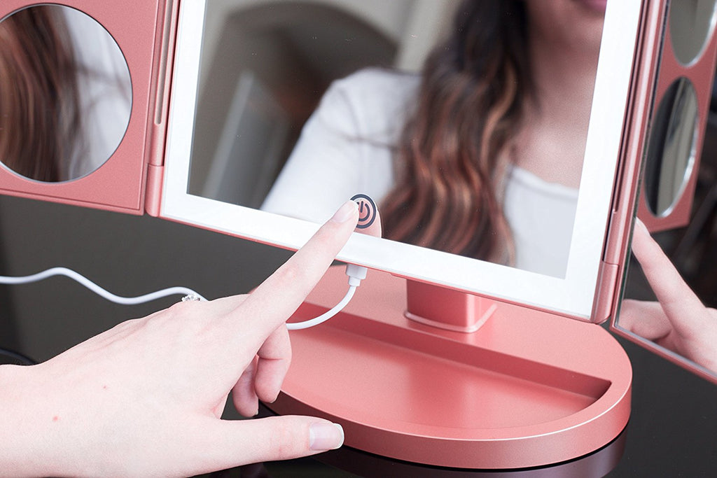 Mirrorvana XLarge Trifold LED Lighted Vanity Makeup Mirror with 1X, 3X, 5X and 10x Magnification in Rose Gold | Includes BONUS 6-ft (2-meter) USB Cable