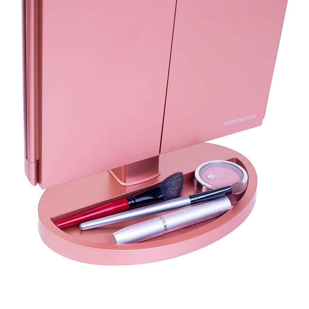 Mirrorvana XLarge Trifold LED Lighted Vanity Makeup Mirror with 1X, 3X, 5X and 10x Magnification in Rose Gold | Includes BONUS 6-ft (2-meter) USB Cable