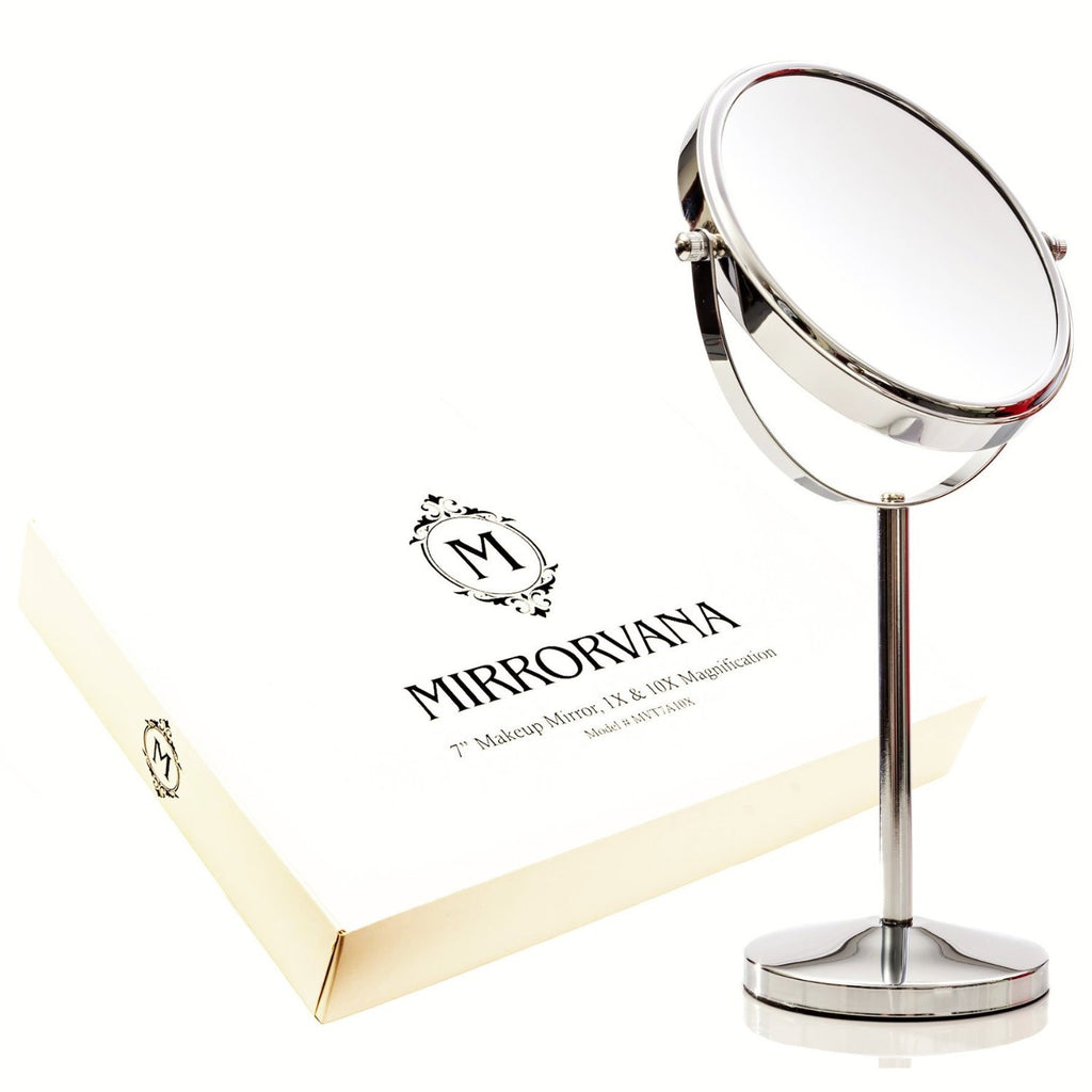 MIRRORVANA 10X Magnifying Makeup Mirror on Round Stand for Tabletop, Bedroom Vanity Desk and Bathroom Counter - Free Standing Double Sided 10X/1X Magnification Mirror - 7" Wide and 14" Tall (Chrome)