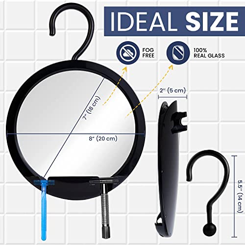 Round Hangable Fogless Shower Mirror with Real Glass Surface and Razor Holder (Black)