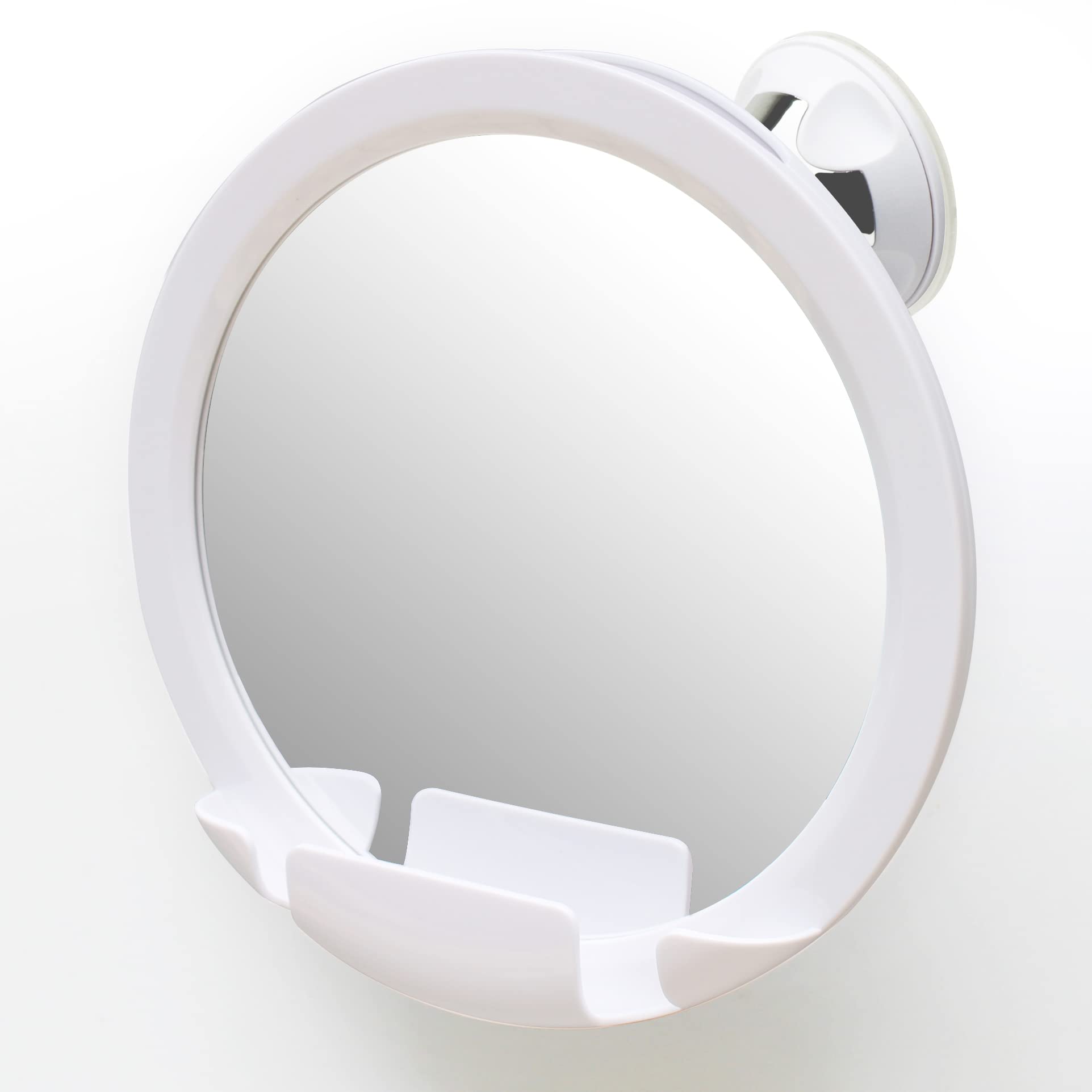 Round Fogless Shower Mirror with Dual Anti-Fog System, Suction Mount, and Razor Holder (White)