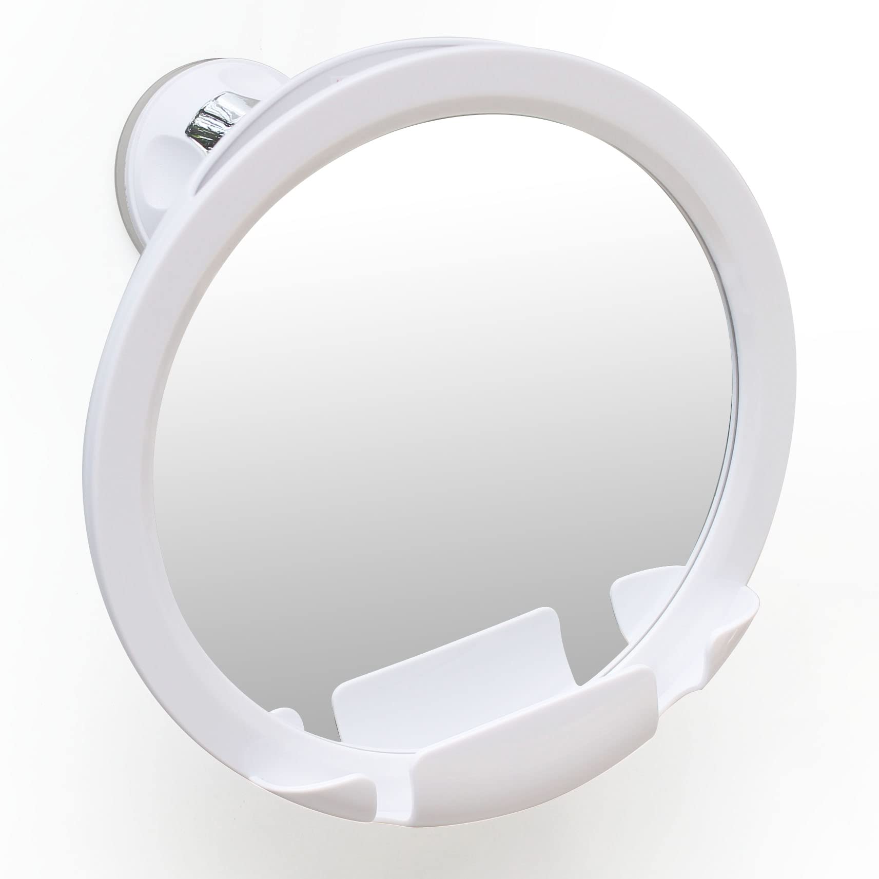 Round Fogless Shower Mirror with Dual Anti-Fog System, Suction Mount, and Razor Holder (White)