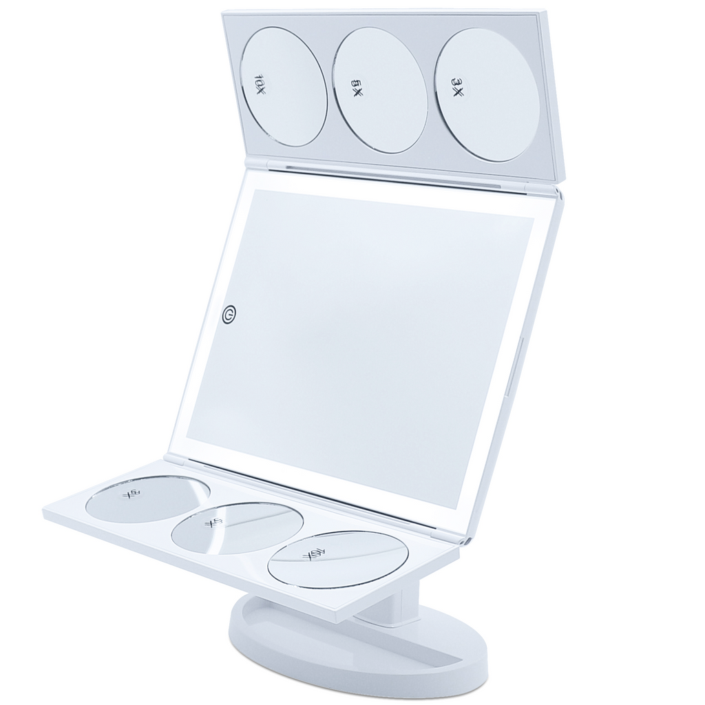 [2019 X-Large Model] Lighted Makeup Mirror, 44 LED Lights Vanity Mirror with Twin Magnifying Panels (3X/5X/10X) and Dual Power Supply, 360° Rotatable Trifold Mirror (White)