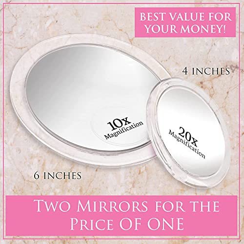 MIRRORVANA Magnifying Mirror Set Combo with 3 Suction Cups Each - Compact & Travel Ready (Glass (20X & 10X))