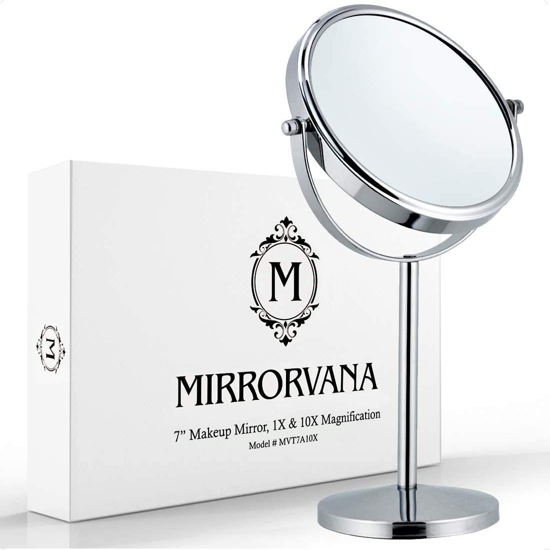 Double-Sided 10X/1X Tabletop Makeup Mirror in Gift Box, 7" Wide (Chrome)