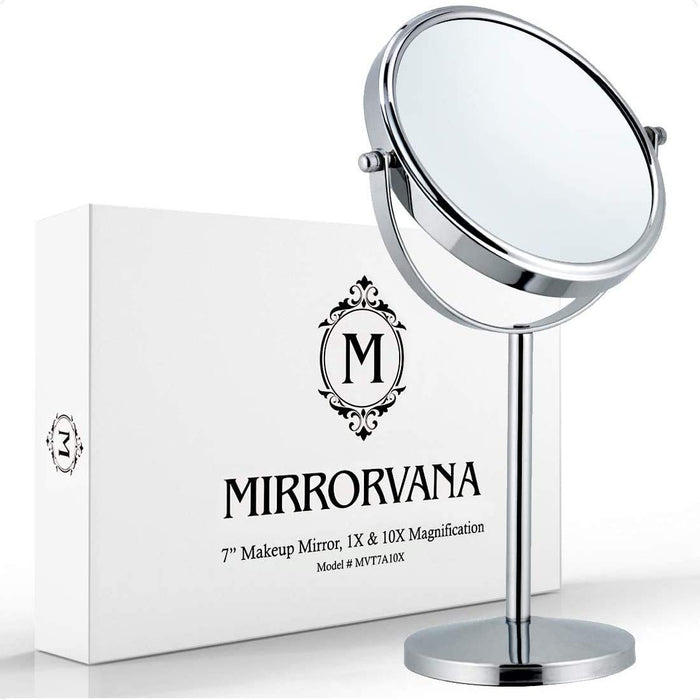 MIRRORVANA 10X Magnifying Makeup Mirror on Round Stand for Tabletop, Bedroom Vanity Desk and Bathroom Counter - Free Standing Double Sided 10X/1X Magnification Mirror - 7" Wide and 14" Tall (Chrome)