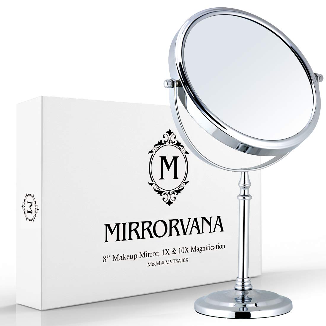 Double-Sided 10X/1X Tabletop Makeup Mirror in Gift Box, 8" Wide (Chrome)
