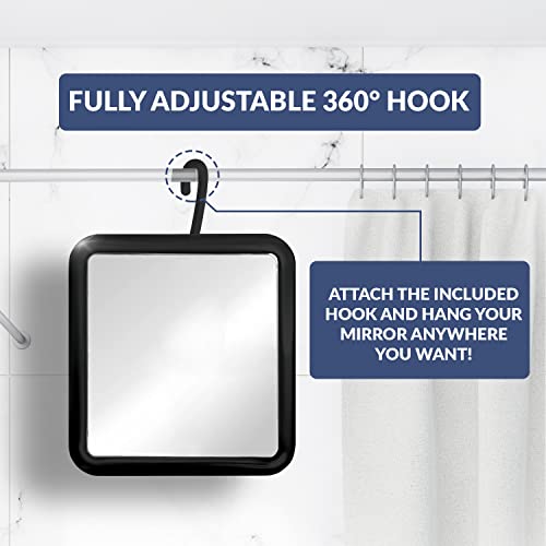 MIRRORVANA Hanging Fogless Shower Mirror for Shaving with 360° Rotatable Swivel Hook - Anti Fog and Shatterproof 6.3" x 6.3" Surface (Black)