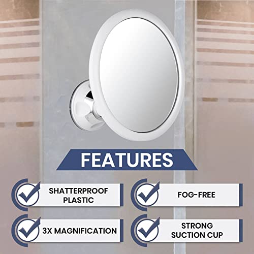 3X Magnifying Round Fogless Shower Mirror with Suction Mount (White)