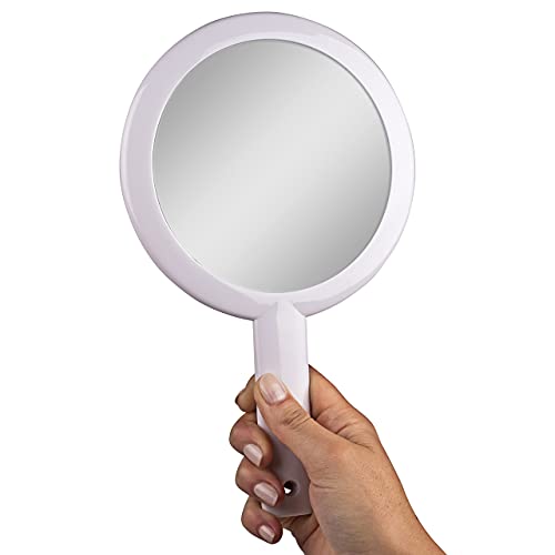 Cute & Small Hand Mirror for Women, Round Double Sided Handheld Vanity Mirror with Handle, Portable and Lightweight for Travel, 10 inch long (White)