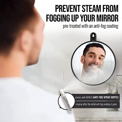 Small Fogless Shower Mirror with Dual Suction Cups and Adhesive Hook (Black)