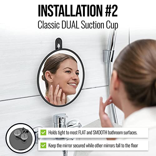 Small Fogless Shower Mirror with Dual Suction Cups and Adhesive Hook (Black)