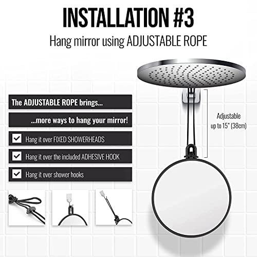 Small Fogless Shower Mirror with Dual Suction Cups and Adhesive Hook (Black)