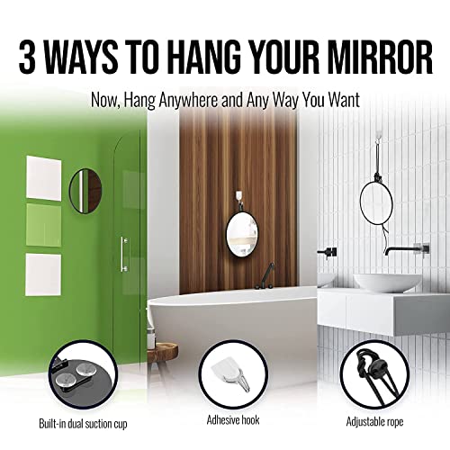 Small Fogless Shower Mirror with Dual Suction Cups and Adhesive Hook (Black)