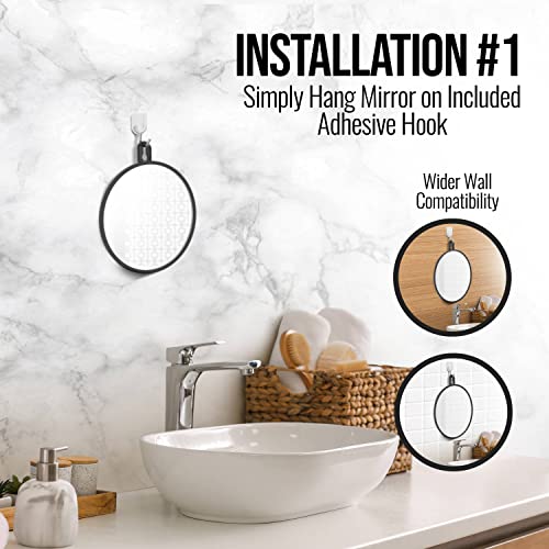 Small Fogless Shower Mirror with Dual Suction Cups and Adhesive Hook (Black)