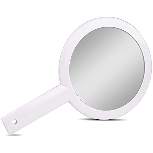 Cute & Small Hand Mirror for Women, Round Double Sided Handheld Vanity Mirror with Handle, Portable and Lightweight for Travel, 10 inch long (White)